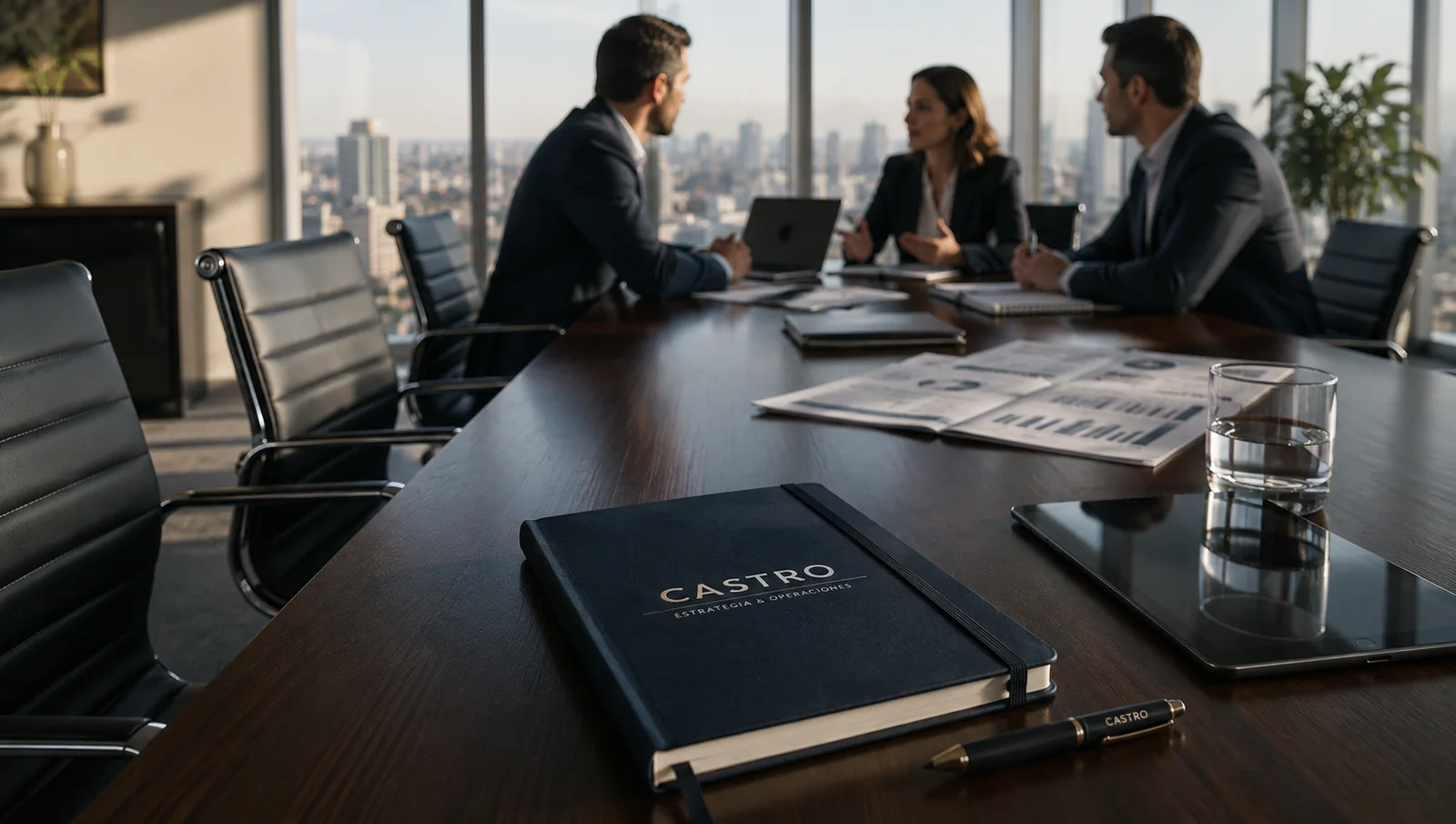 Equipo profesional conversando y revisando información para construir decisiones integradas